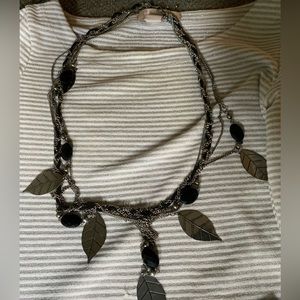 Silver leaf and black rope long necklace